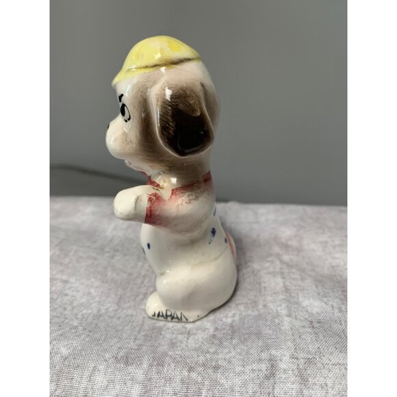 Vintage Hand-Painted Porcelain Dog Figurine Yellow Hat Polka Dot Japan - Picture 4 of 8